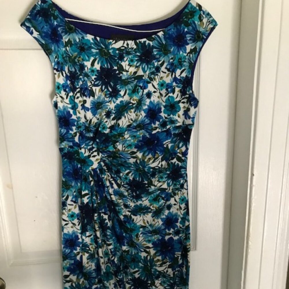 Connected Apparel Cinch Waist Teal Print Dress Size 8